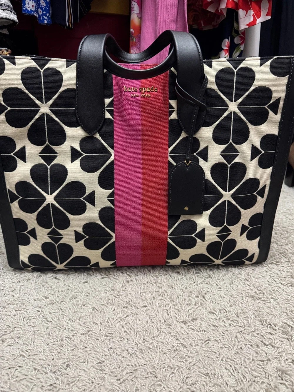 kate spade Black & Pink Stripe Canvas Tote